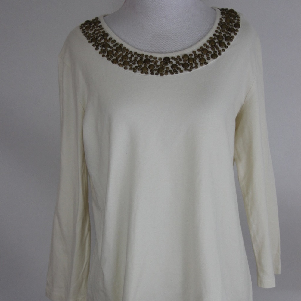 CHARTER CLUB RELAXED Ivory/Bronze Embellished Top